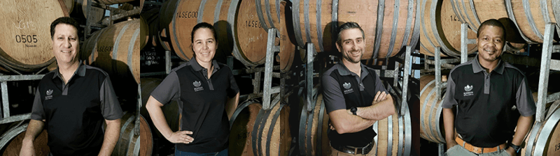 Die Köpfe von Riebeek Valley Wine - CEO Werner Engelbrecht, Senior Winemaker Sheree Nothnagel, Senior Winemaker Jacques Theron, Assistant Winemaker Thembile Ntloko Die Köpfe von Riebeek Valley Wine - CEO Werner Engelbrecht, Senior Winemaker Sheree Nothnagel, Senior Winemaker Jacques Theron, Assistant Winemaker Thembile Ntloko