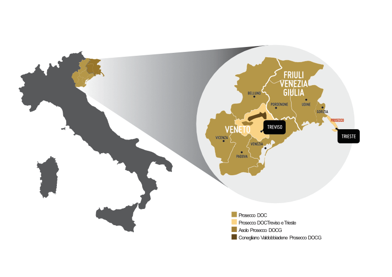 A Prosecco DOC és DOCG termőterületeinek térképe Venetóban és Friuli–Venezia Giuliában